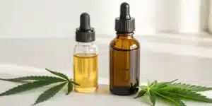 Side-by-side image of bottles labeled CBDA and CBD showcasing natural cannabis extracts.