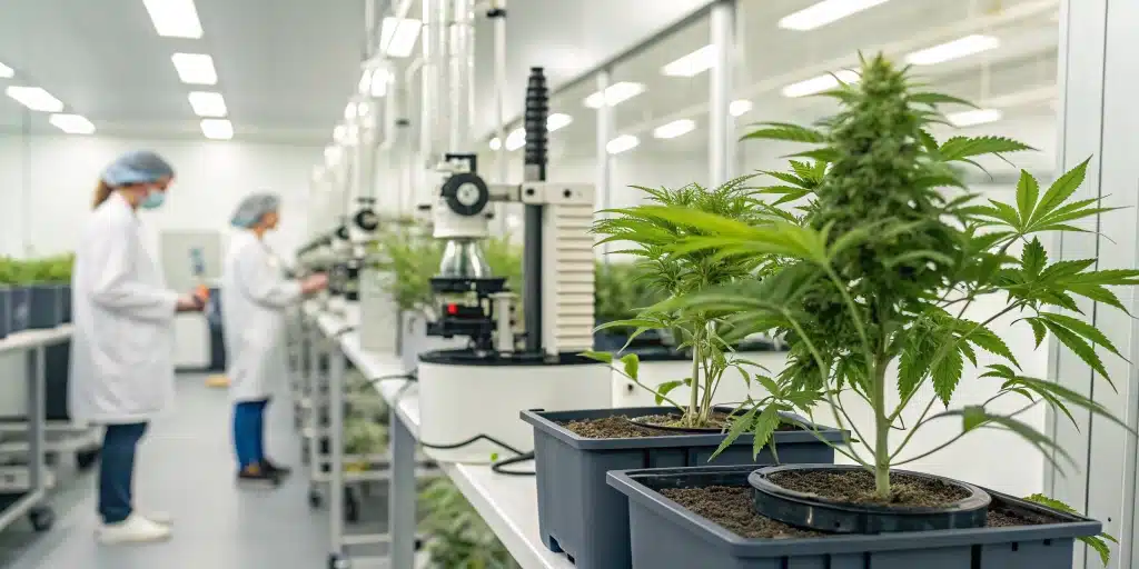 Laboratory equipment and cannabis plants used for extracting CBDA vs CBD.