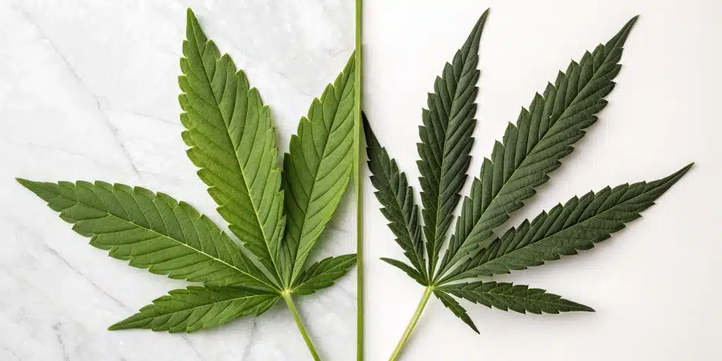 Illustration of a cannabis leaf transitioning from CBDA to CBD, highlighting the decarboxylation process.