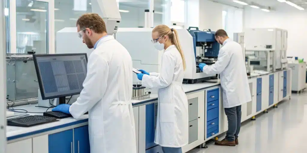 Realistic lab scene with scientists analyzing CBG samples on advanced instruments, showcasing the scientific study of CBG benefits.