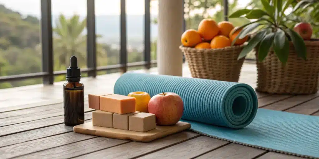 Realistic photo of a wellness setup with a CBG supplement bottle, yoga mat, and fresh fruits, representing the natural health benefits of CBG.