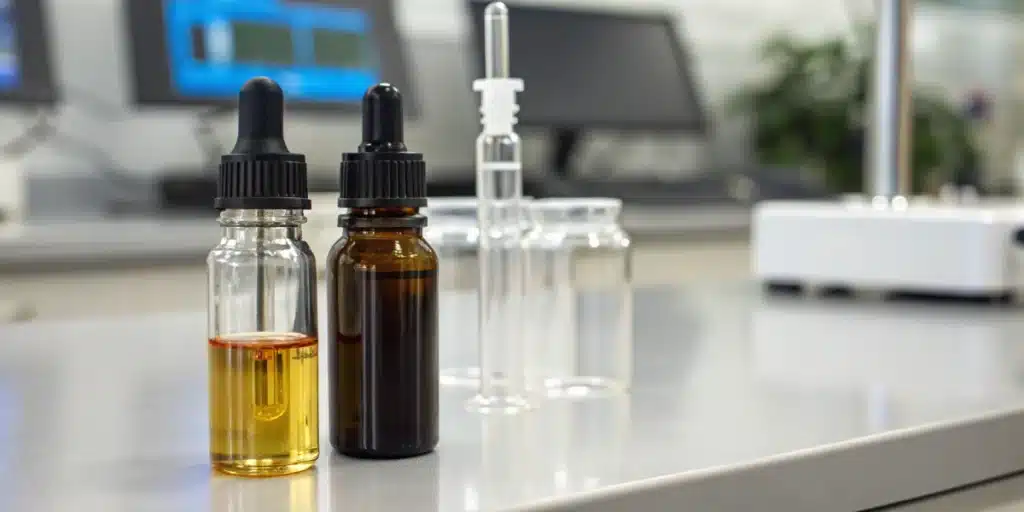 Realistic image of two vials labeled CBG and CBN on a lab bench, surrounded by scientific instruments and digital displays.