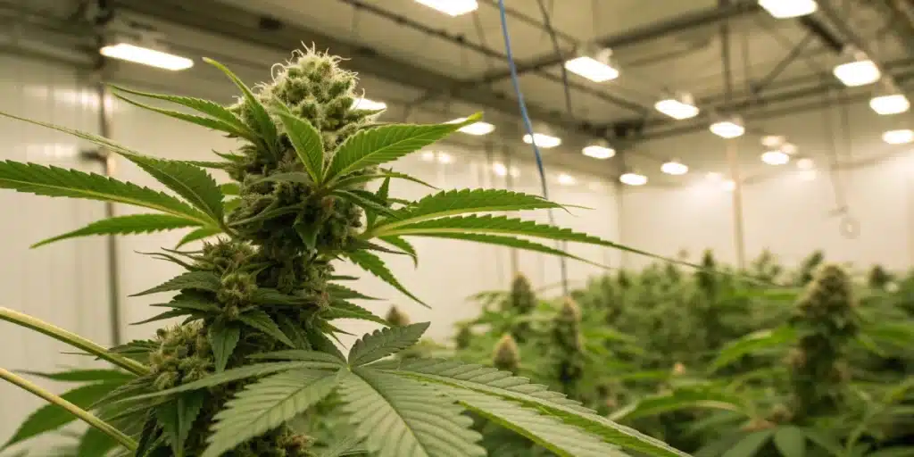 Realistic close-up of a cannabis plant in an indoor grow room highlighting trichomes indicative of CBG and CBN production.