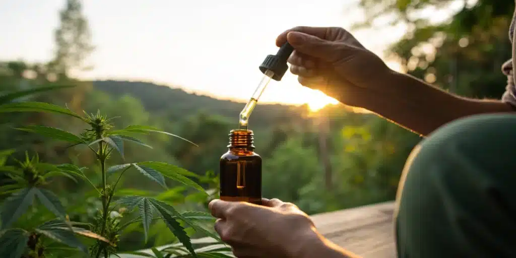 Realistic image of an individual using a dropper to apply CBG oil in a peaceful, natural environment, highlighting its therapeutic use.
