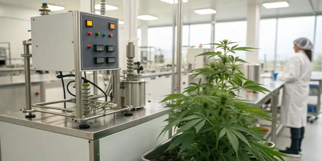 Realistic lab photo of a CO2 cannabis extraction machine with digital controls and safety features in a professional setting.
