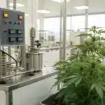 Realistic lab photo of a CO2 cannabis extraction machine with digital controls and safety features in a professional setting.
