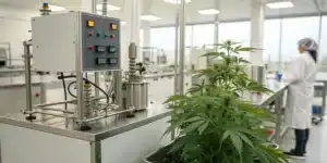 Realistic lab photo of a CO2 cannabis extraction machine with digital controls and safety features in a professional setting.