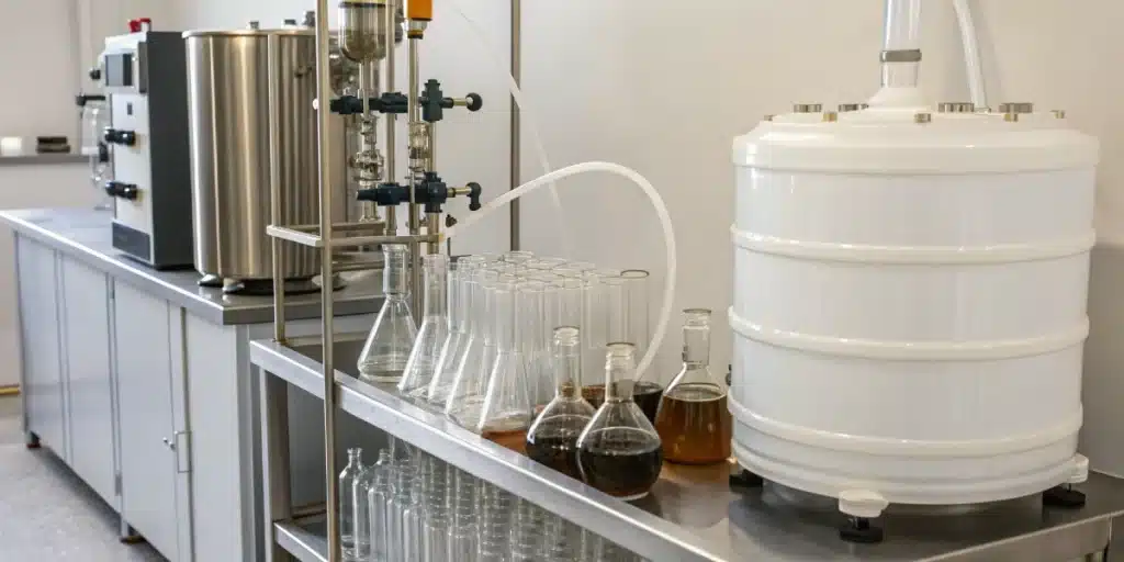 Realistic image of a CO2 cannabis extraction machine setup with organized glassware and storage containers in a clean lab environment.