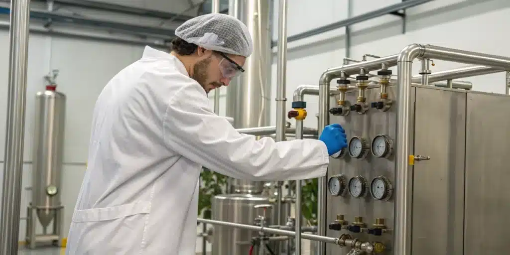 Realistic image of a technician managing a CO2 cannabis extraction machine in an industrial lab, showcasing its advanced design.