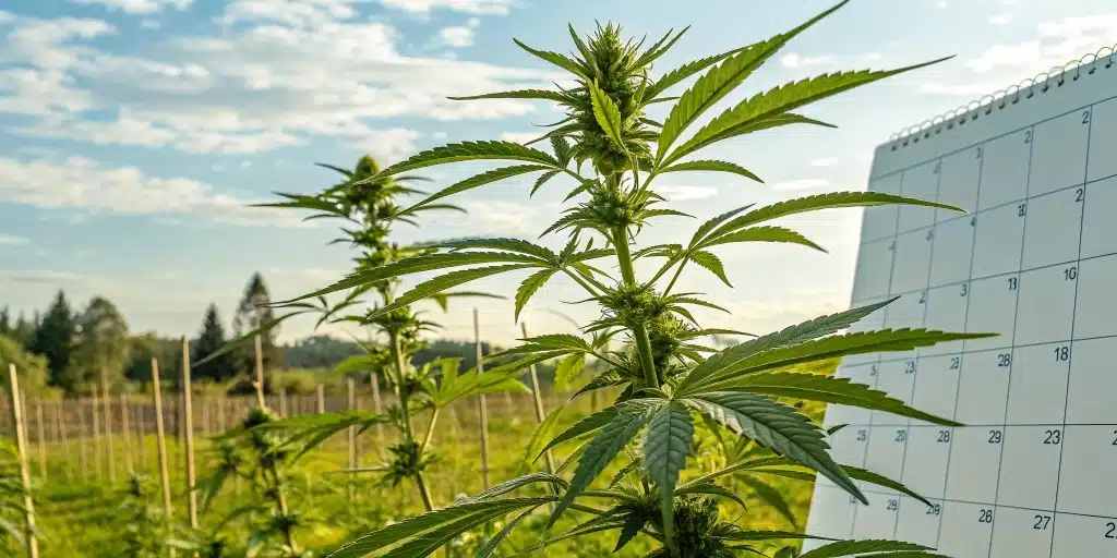 Close-up of cannabis plants outdoors with a calendar overlay showing key dates from the california outdoor cannabis calendar.