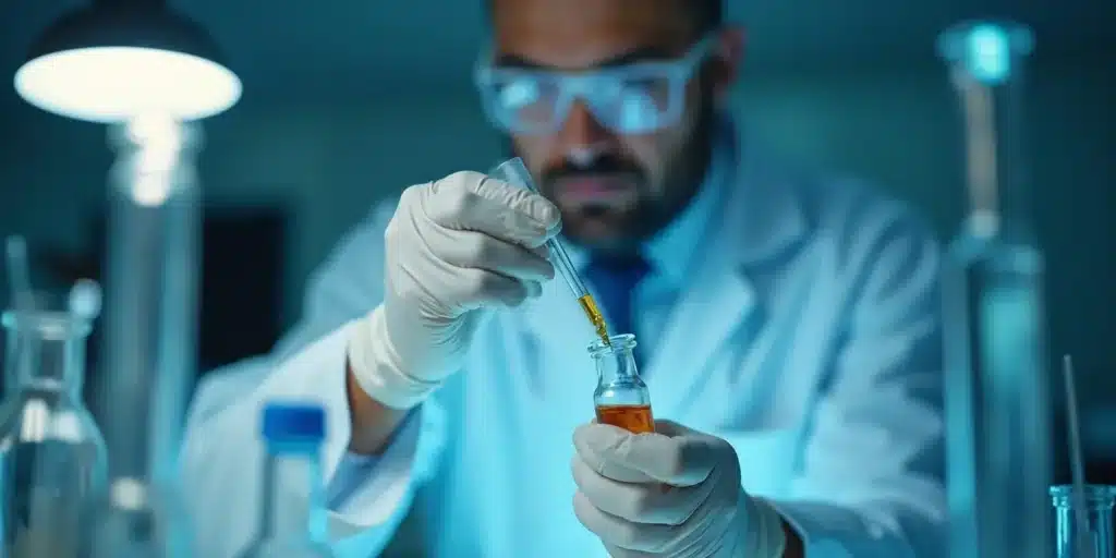 Researcher using a dropper to extract alkaloids in cannabis