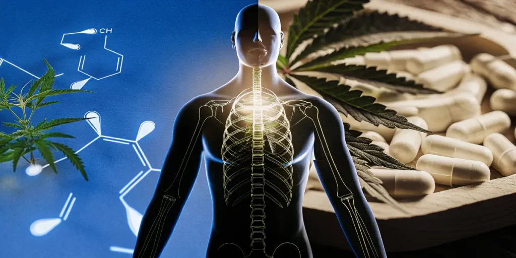 Medical illustration: glowing human skeleton with cannabis leaf, chemical structure, and white capsules.