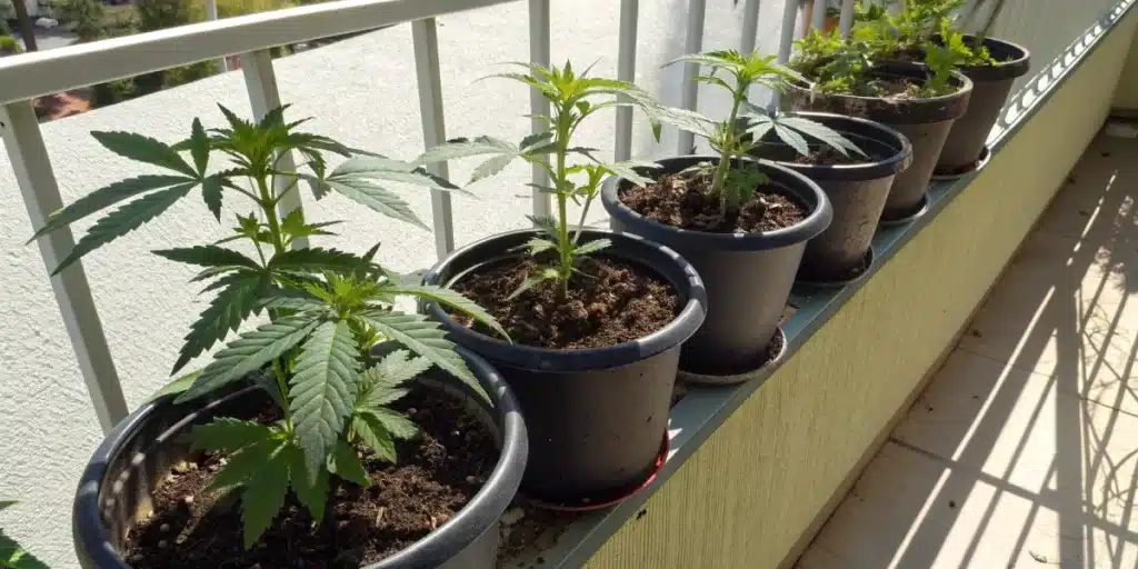 Cannabis clones being hardened off on a balcony, preparing for growing clones outdoors.