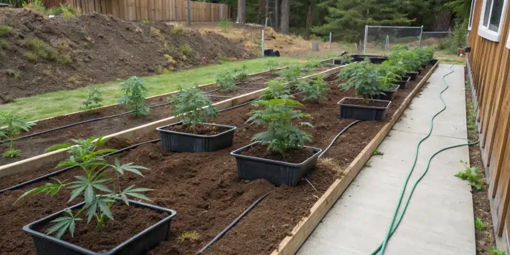 Ideal outdoor garden setup for growing clones outdoors with a nutrient-rich soil mix and proper drainage.