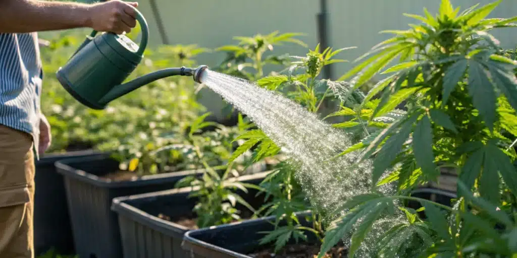 Consistent watering of cannabis clones in an outdoor garden, demonstrating best practices for growing clones outdoors.