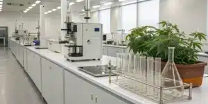Modern, well-equipped cannabis research laboratory with long white benches, plants, and glassware.