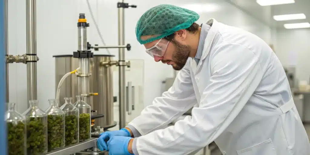Technician in lab coat and hairnet, working with cannabis-filled bottles at an extraction machine.