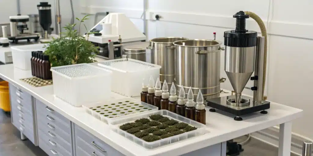 Laboratory workstation with cannabis buds, extraction tools, and various containers and bottles.
