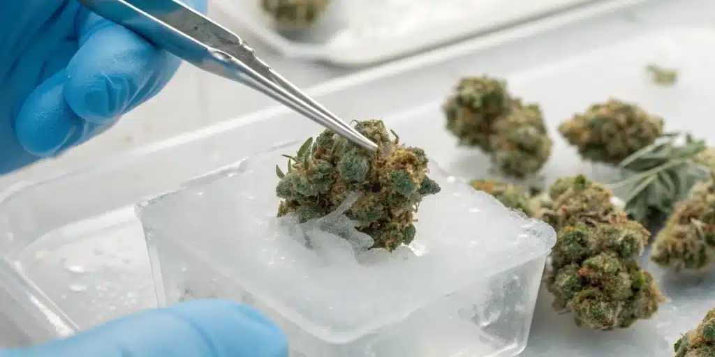 Close-up view highlighting which cannabis preparation involves flash freezing and extraction through icy cannabis buds.