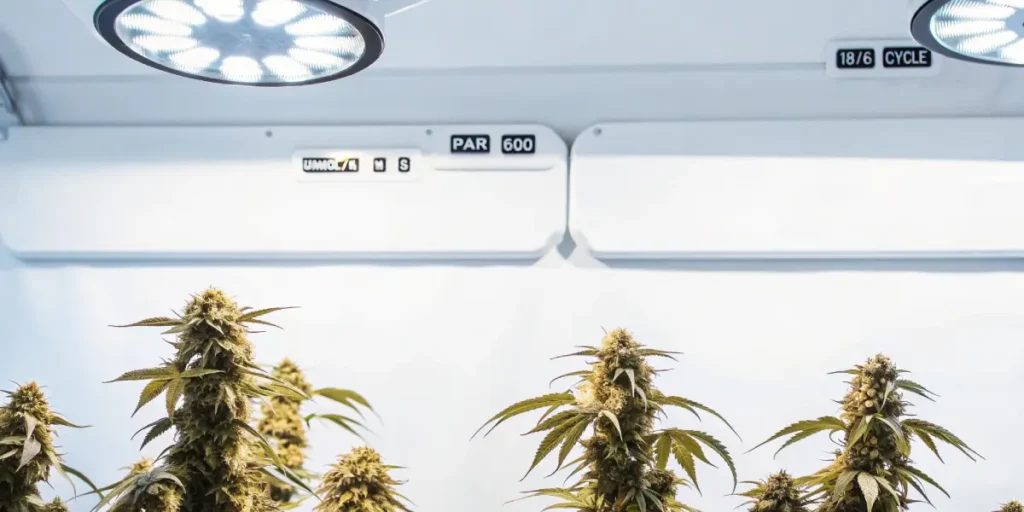 Brightly lit cannabis plants with large buds under circular and rectangular grow lights in a white grow room.