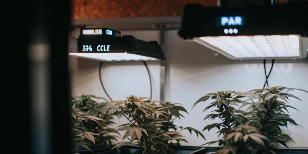 Rows of cannabis plants with buds under warm-toned grow lights in a dimly lit grow room, with a fan in background.