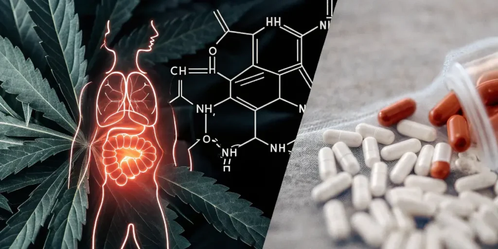 Medical illustration: human torso with glowing intestines, chemical structure, cannabis leaf, and pills.