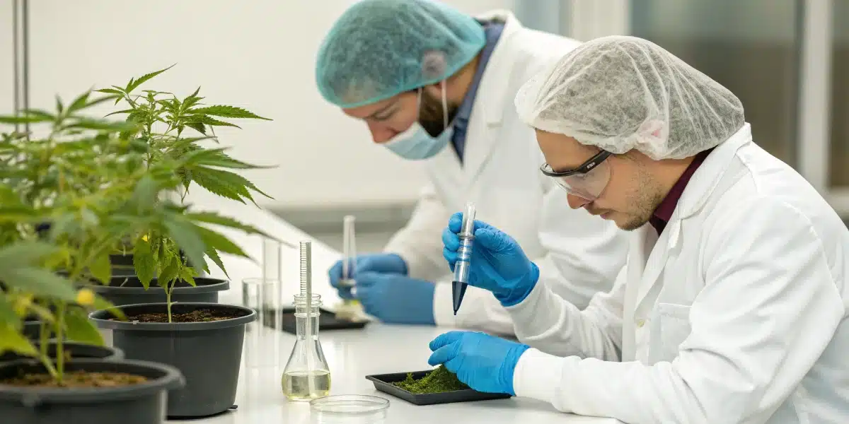 hoto of lab technicians analyzing cannabis samples for lacing contaminants.