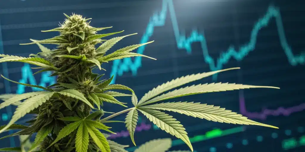 A vibrant cannabis plant with a prominent bud and leaves in the foreground, against a blurred background of blue and purple financial or scientific graphs.