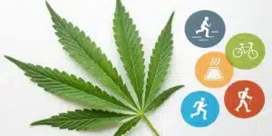 A green cannabis leaf on a white background, accompanied by five colorful circular icons depicting various activities like running, cycling, and hiking.