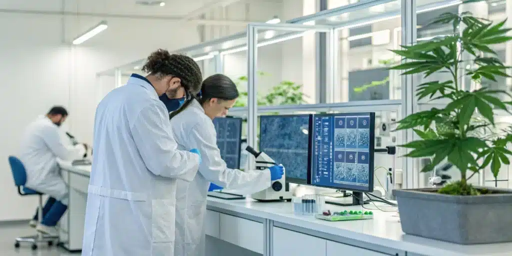 Two scientists in lab coats examining samples at a desk with computer monitors and a cannabis plant in a bright, modern laboratory setting.