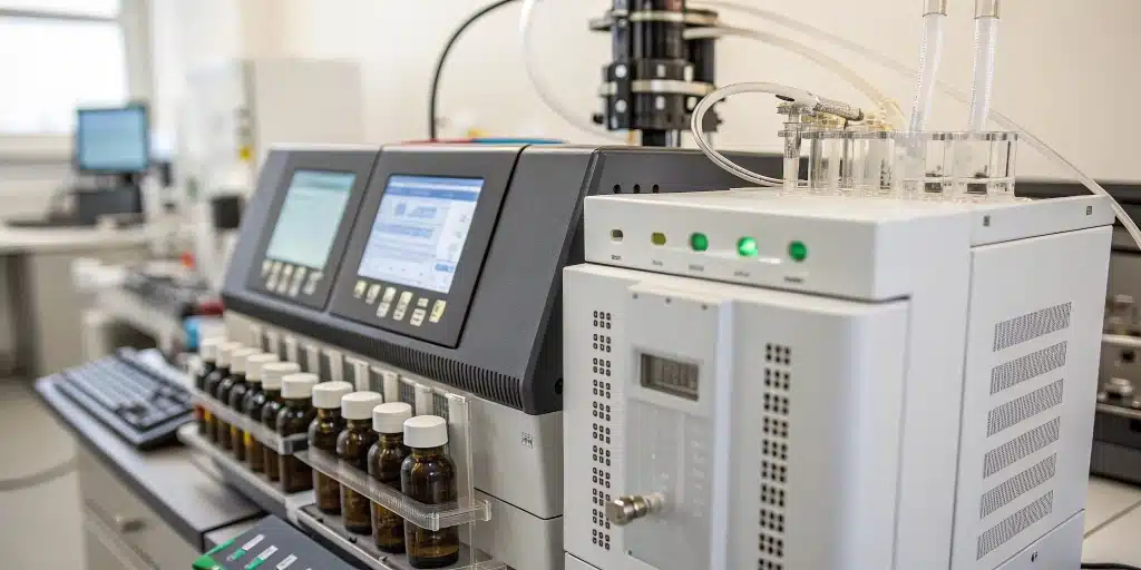 Scientific equipment analyzing volatile compounds to measure how long does the smell of weed linger outside.