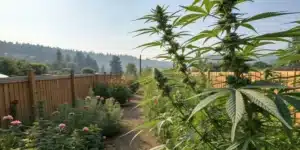 Outdoor cannabis garden showing natural airflow and environmental factors affecting how long does the smell of weed linger outside.