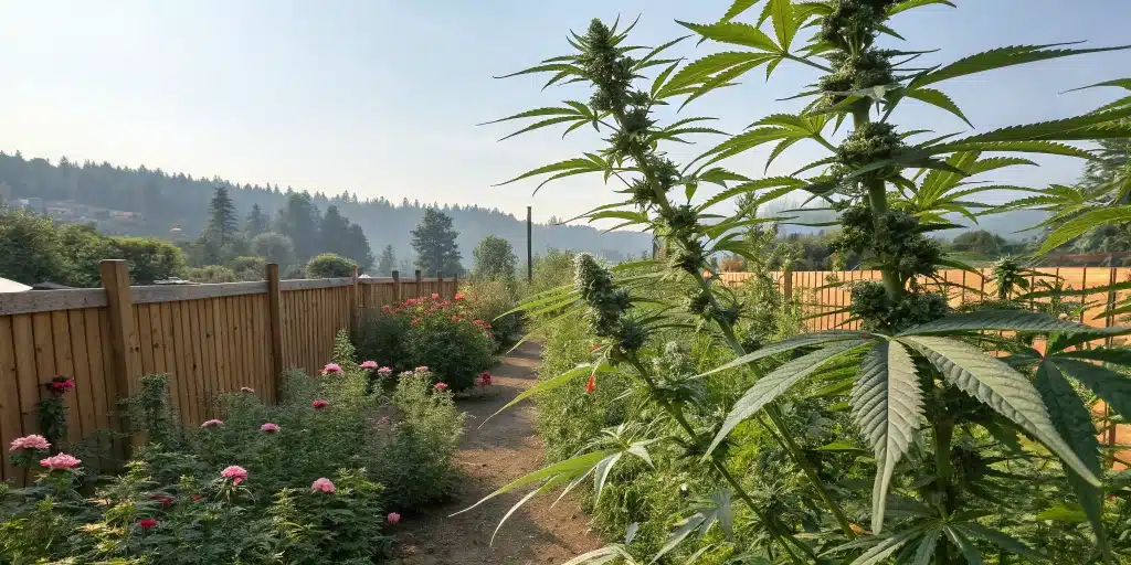 Outdoor cannabis garden showing natural airflow and environmental factors affecting how long does the smell of weed linger outside.