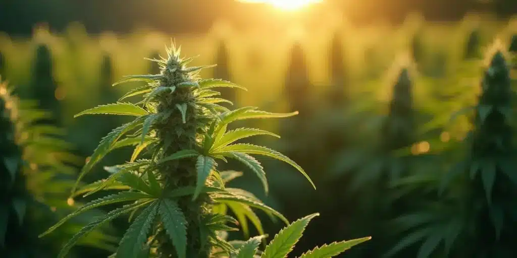 Close-up of a cannabis plant during sunset showing potential alkaloid-rich buds.