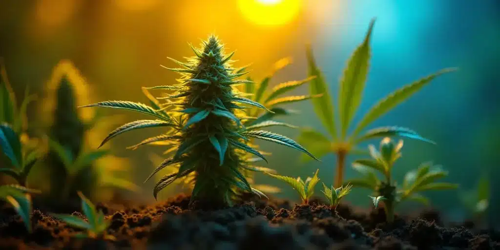 Lush cannabis plant in vivid lighting conditions showing phytoremediation progress.