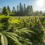Panoramic view of an outdoor cannabis garden showcasing massive 10 pound plants for high outdoor yields.