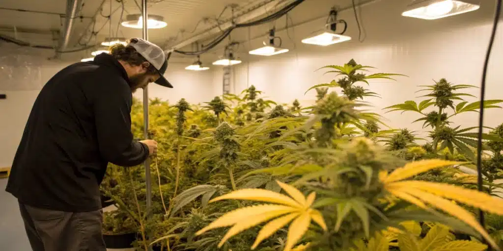 Realistic image of a cannabis grow room with plants exhibiting nutrient deficiency symptoms and a grower inspecting them.
