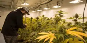 Realistic image of a cannabis grow room with plants exhibiting nutrient deficiency symptoms and a grower inspecting them.
