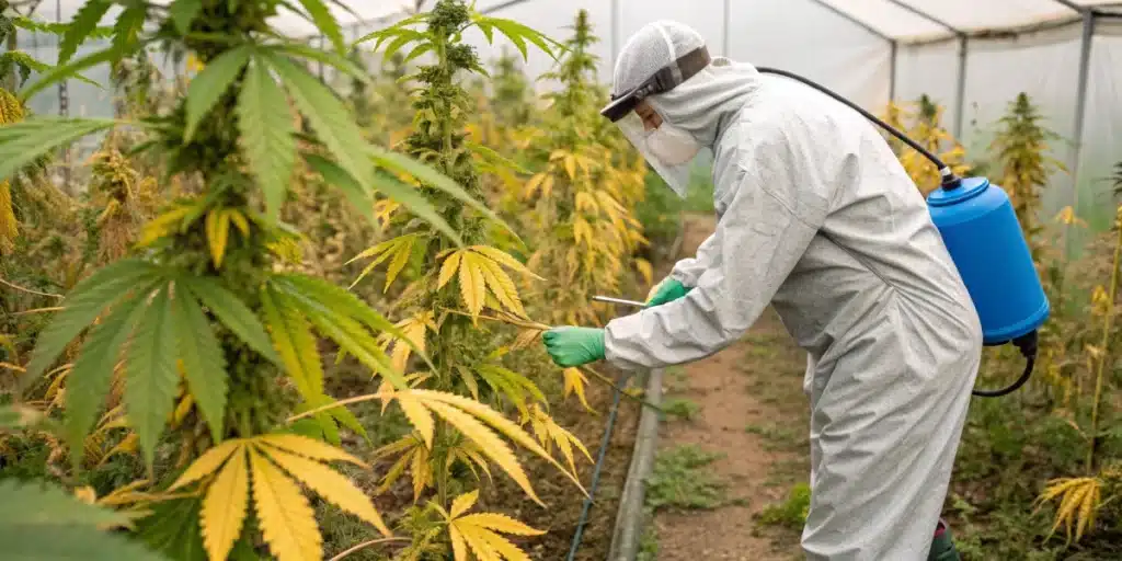 Realistic photograph of an outdoor cannabis garden with visible pest damage and a professional treating the plants.