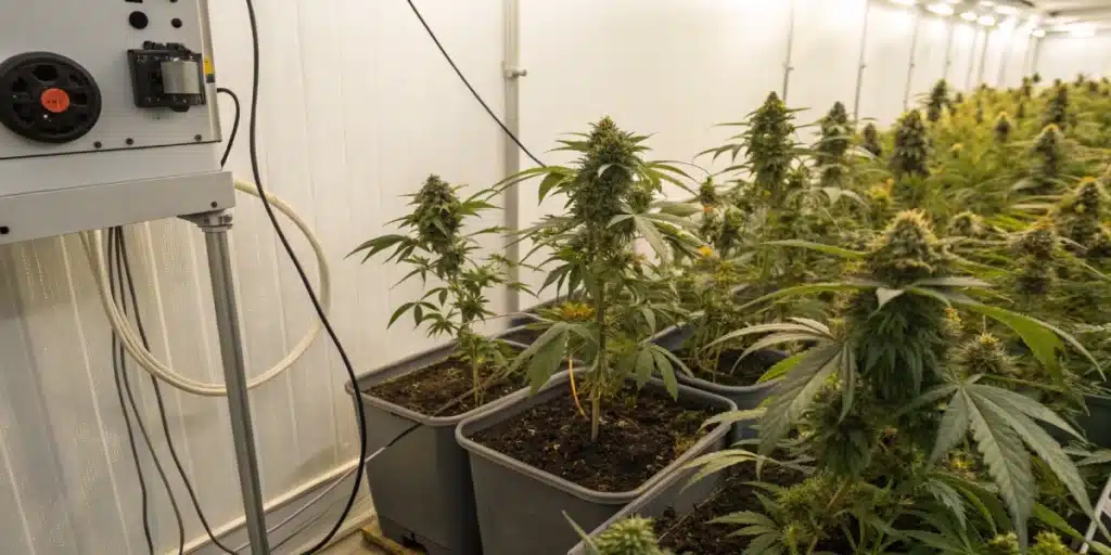 Realistic image of a cannabis grow facing environmental stress, showcasing wilting plants and modern climate control technology.
