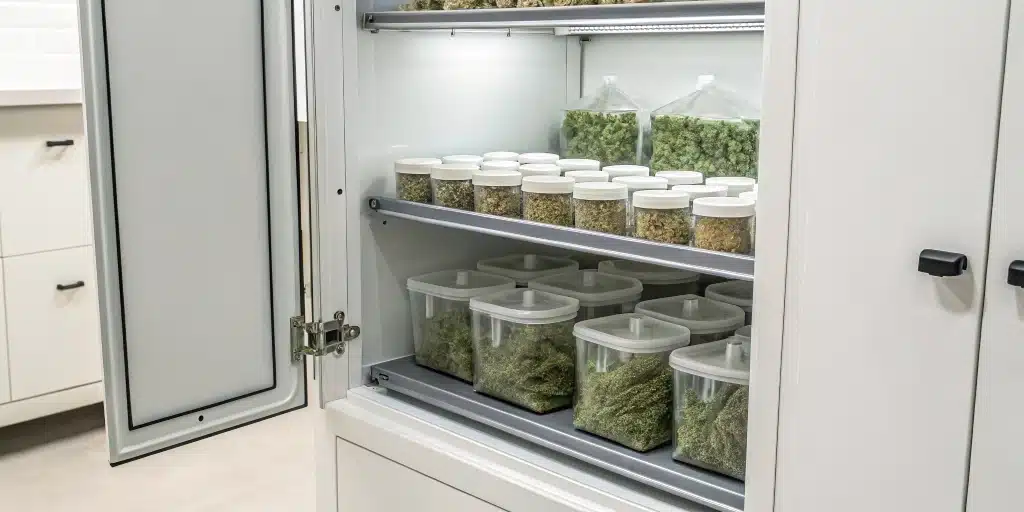 Secure cannabis storage cabinet with light-resistant packaging and child-resistant features for safe product preservation.