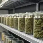 Organized cannabis storage shelf with airtight containers in a cool, dark environment ensuring product freshness.