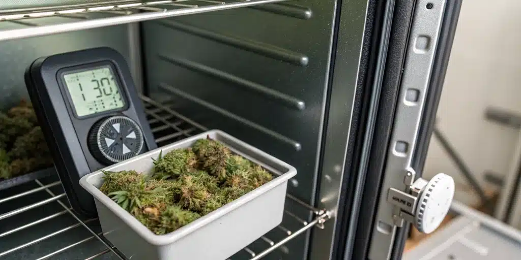 Digital thermometer and hygrometer monitoring temperature and humidity in secure cannabis storage.