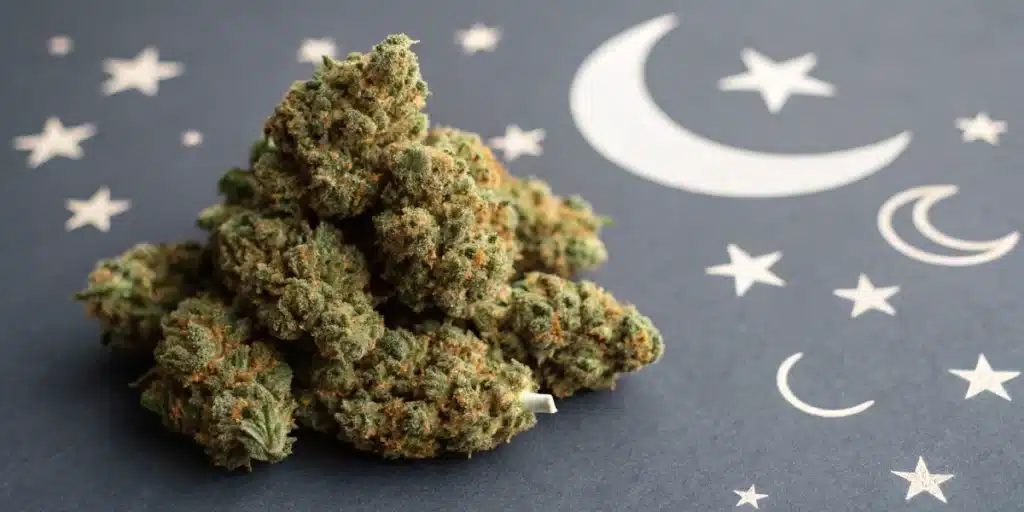 Artistic display of cannabis strains for sleep enhanced with moon and star icons, symbolizing a restful night.