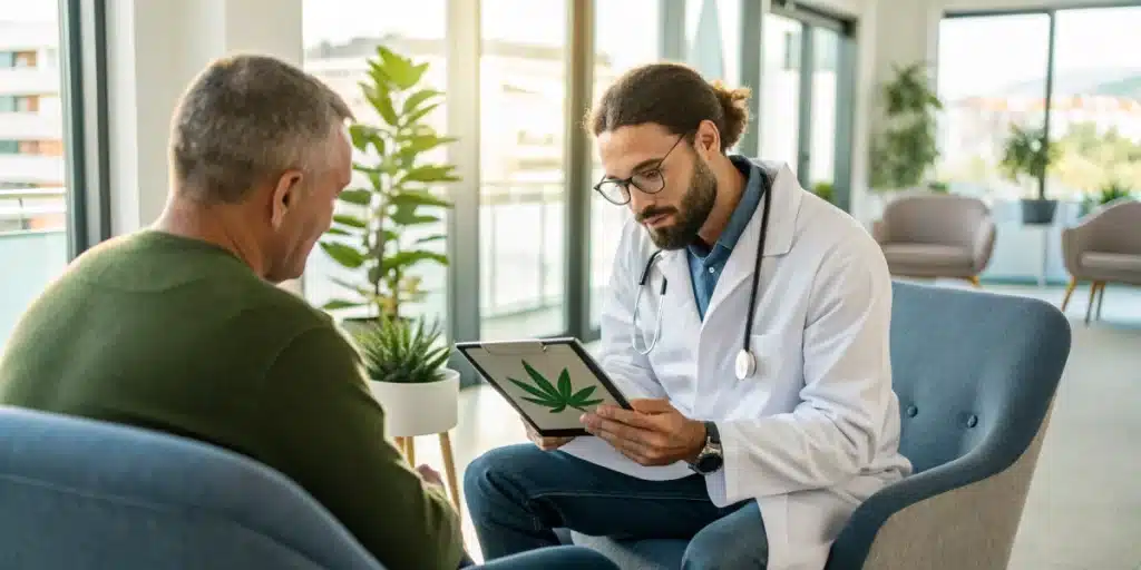 Realistic image of a patient and doctor reviewing cannabis test results in a contemporary clinical setting.