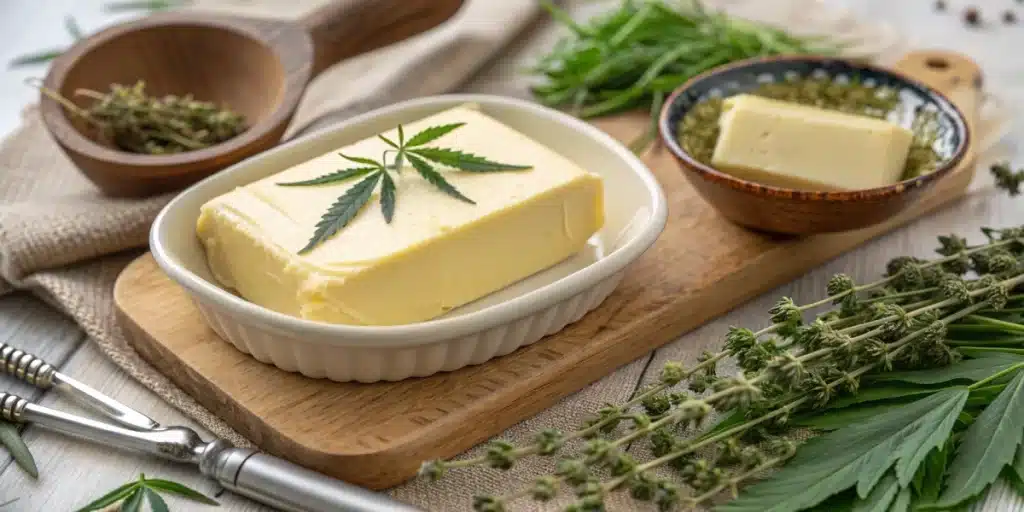 Photo of finished cannabis-infused butter in a serving dish with utensils and fresh herbs, showcasing a warm and inviting presentation.