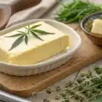 Photo of finished cannabis-infused butter in a serving dish with utensils and fresh herbs, showcasing a warm and inviting presentation.