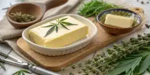 Photo of finished cannabis-infused butter in a serving dish with utensils and fresh herbs, showcasing a warm and inviting presentation.