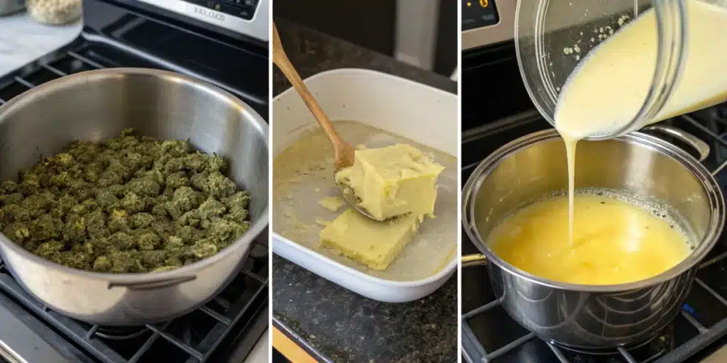 Infographic showing the step-by-step process for making cannabis-infused butter, from decarboxylation to straining.