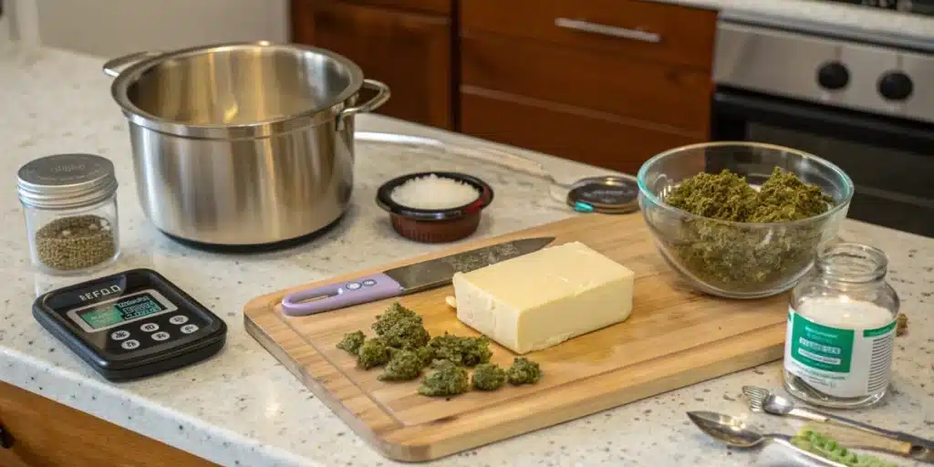 Realistic image of a kitchen counter with ingredients for cannabis-infused butter: unsalted butter, cannabis buds, and a cooking pot.